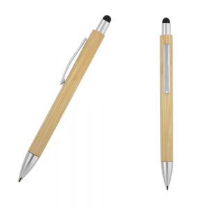 Bolígrafo de bambú con clip y punta metálica, goma touch screen y mecanismo de click.